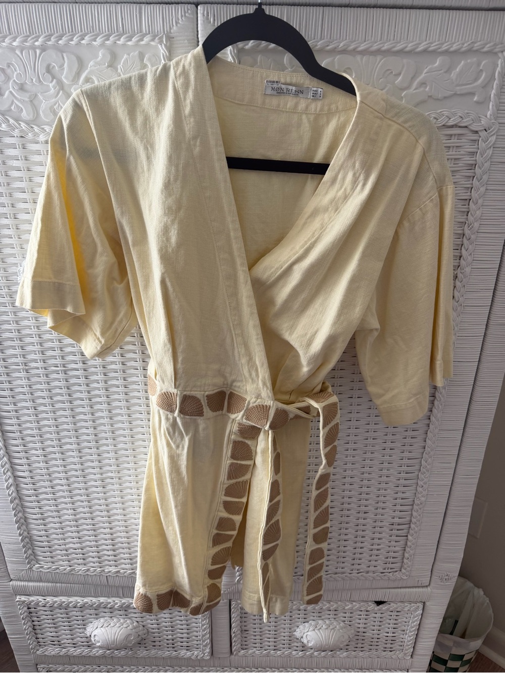 Acacia Mini Dress Wrap Mini Dress in Pale Yellow with Contrasting Trim - Picture 2 of 2